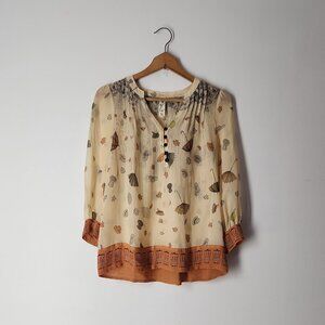 Anthropologie Raining pouring silk blouse whimsical umbrella hat leaf print sz 0